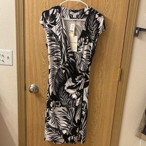 Tommy Bahama Black and White Tropical Print Midi Wrap Dress